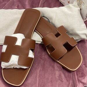 Hermes Brown Leather Sandals with H Cutout Design